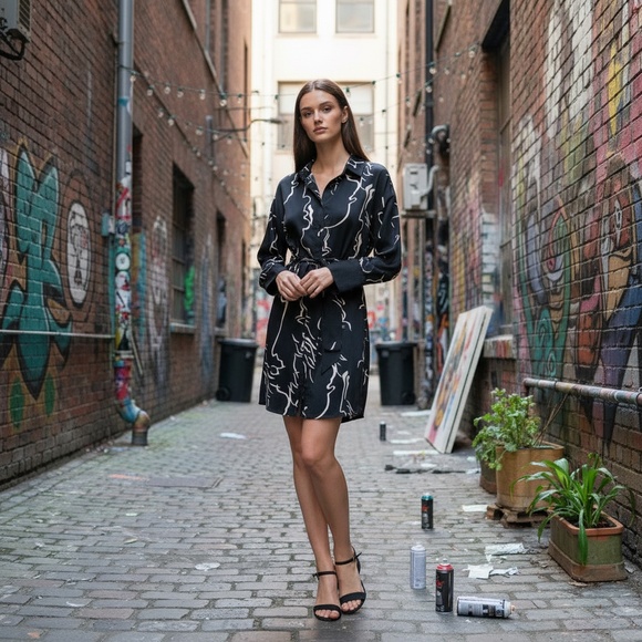 ZARA Black Abstract Print Shirt Dress – Long Sleeve Tie Waist Mini - Picture 2 of 7